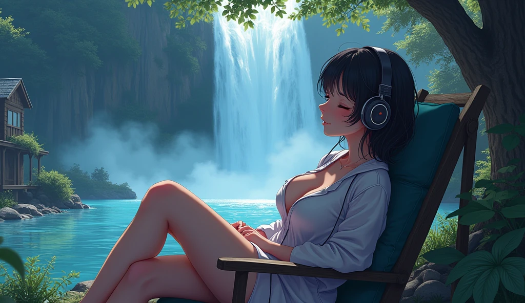 sexy girl , his big breast half open, wearing pajama at night. relaxed listening to music with headphones., sitting on the chair outside cabin very close huge waterfall. Anime 2d style, Lo-fi, Dark Ambiance, vibrant color, water not blur
