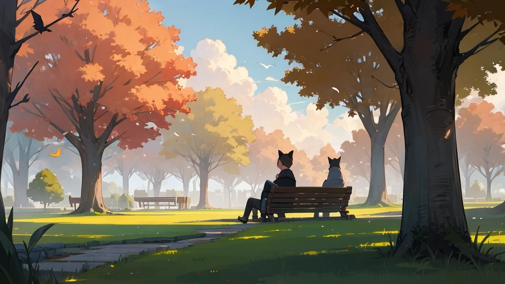 a cat sits on a bench in the park, Evening atmosphere, trees,low grass, nice clouds,a few birds in the air, also leaves fall from trees
