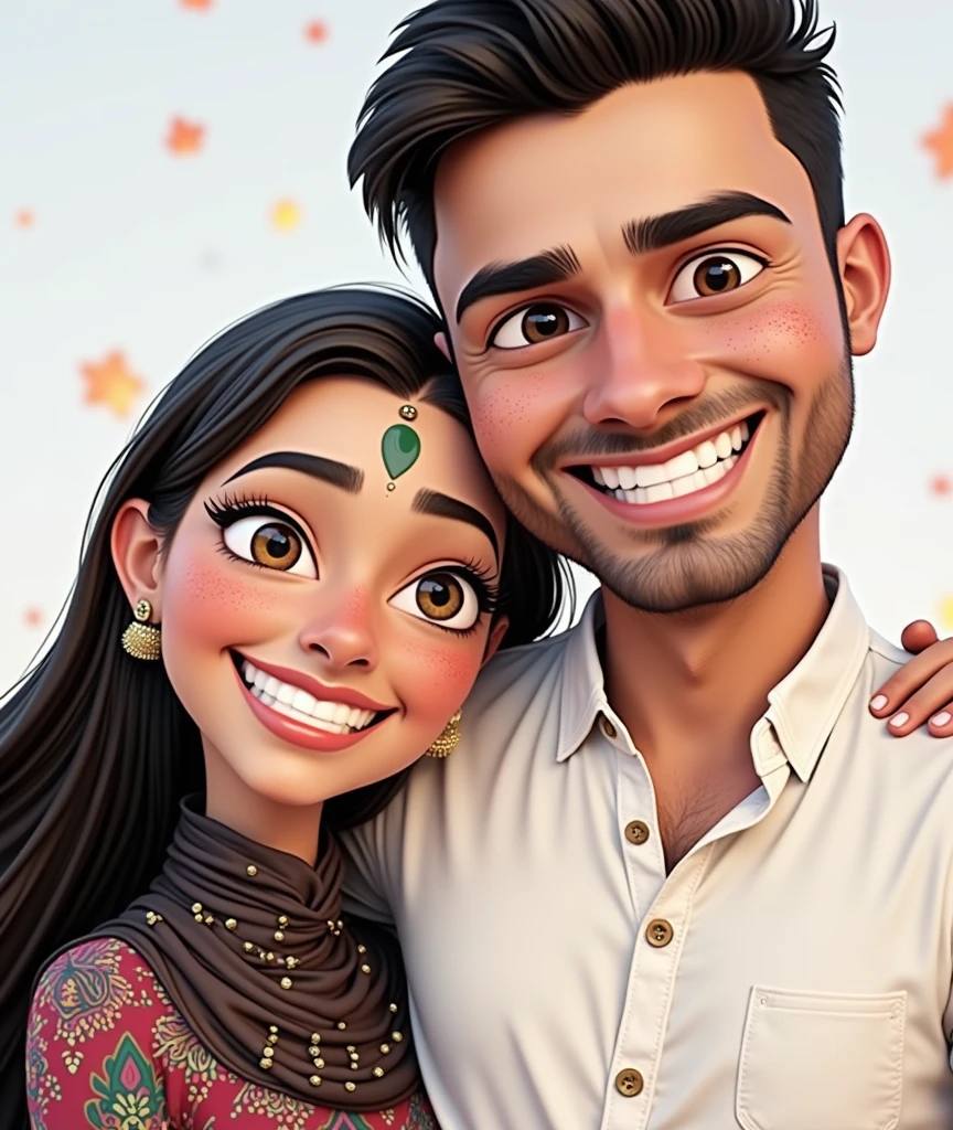 Make these two characters pixar style. They are enjoying their Haldi ceremony and are madly in love.