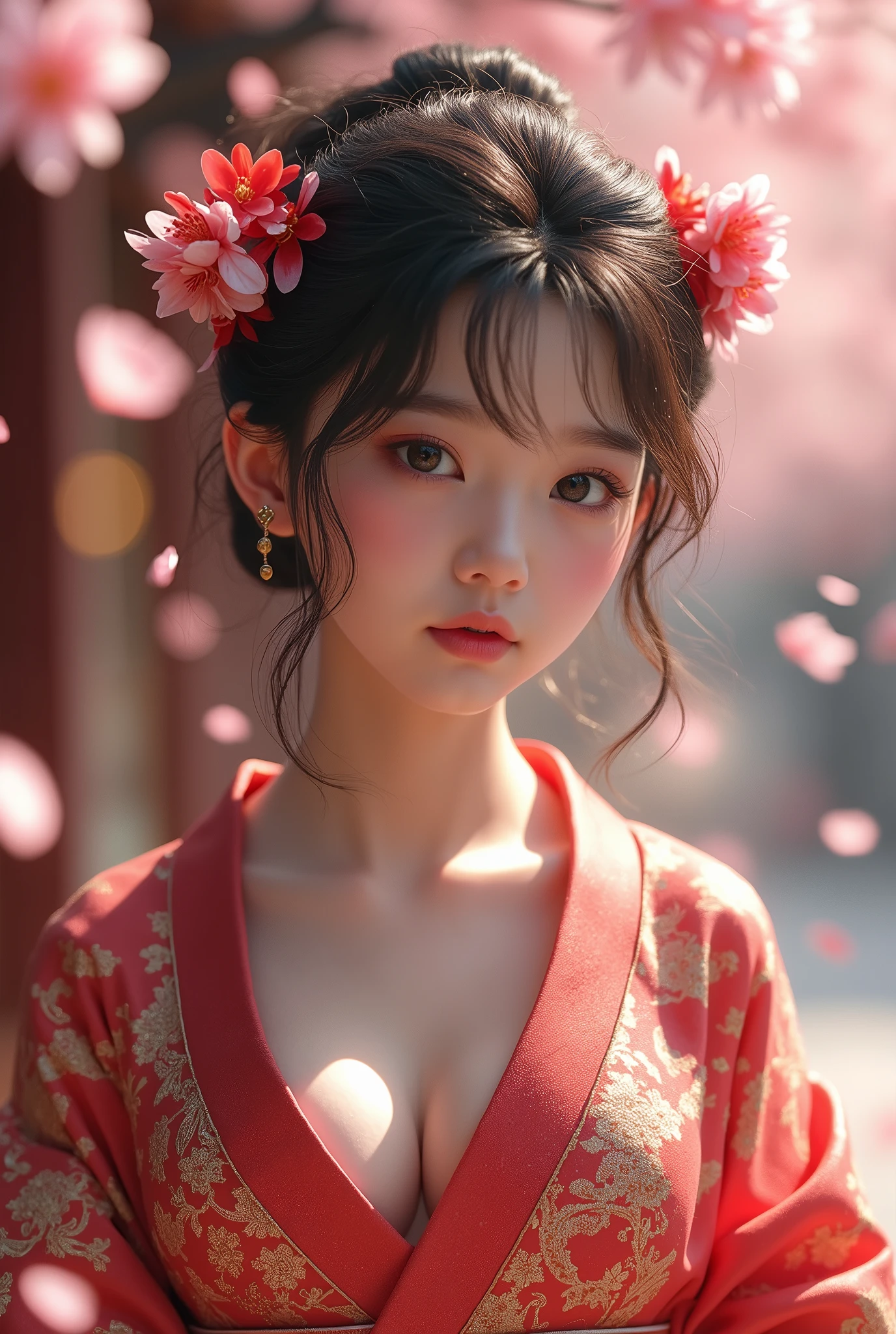 (masterpiece,Highest quality:1.4),(8k,RAW Photos,Photorealistic:1.4),Ultra-high resolution, ,(Glowing Skin:1.4),Detailed肌,Detailed顔,Detailed目,(Beautiful and shining eyes:1.2),Symmetrical eyes,Detailed耳,One person,Natural Makeup,(((Idol))),,Detailed背景,Vivid background,Beautiful and shiny hair,,((Average age breasts)),,(Detailed Sexy Kimono,Realistic beautiful teeny Neon,mysterious,whole body),,((Sharp Face)),Natural light,,(Very detailed ,,online shopping,LUMINE® Market,),Cleavage,Background of fluttering cherry blossom petals,Professional,(Detailed,Location was great.),