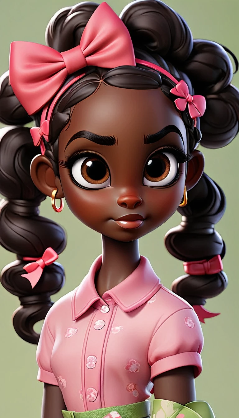 Create a kid-friendly avatar of a dark-skinned girl with hair styled in pigtails adorned with red and pink bows... She is wearing a pink shirt and has big, expressive eyes, a friendly smile, and a playful behavior.