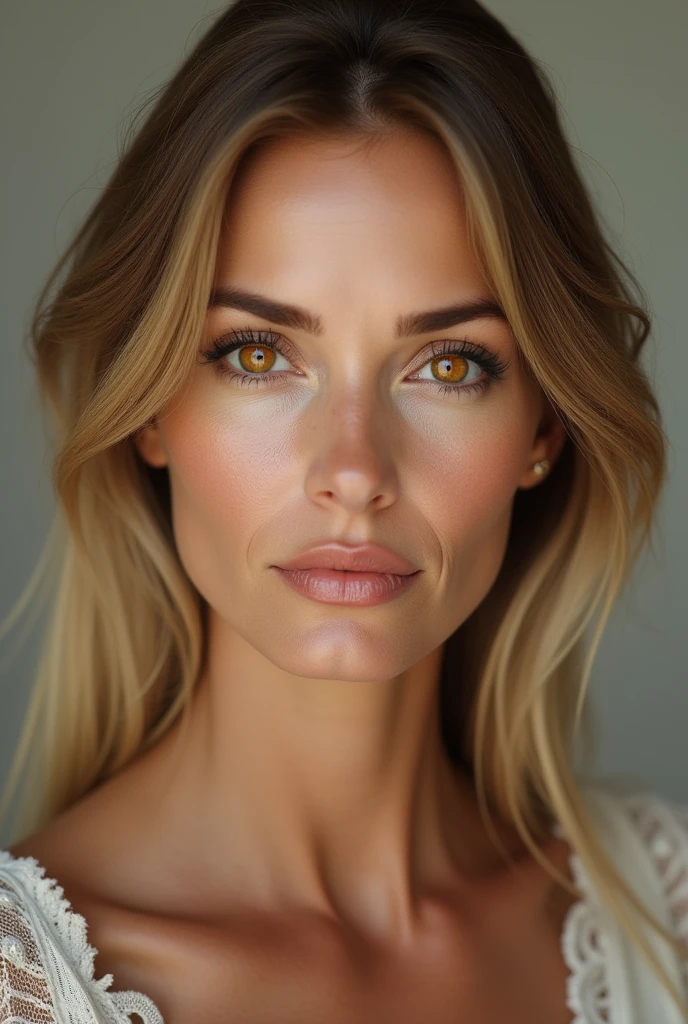 (photorealism:1.2), Mature woman fair skin tanned European straight golden hair, big deep orange eyes, fine rostrum, beautiful thin lips
