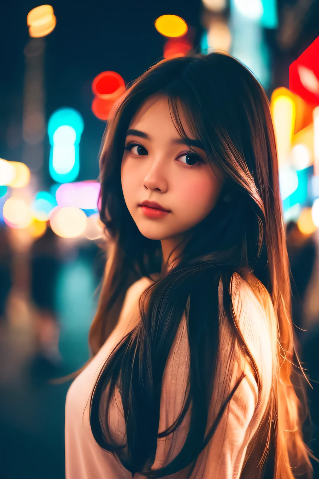 close-up portrait of a beautiful young woman with long, flowing hair, standing in a bustling city street at night, soft neon lights illuminating her face, slightly parted lips, looking into the distance, bokeh background, cinematic atmosphere, vibrant colors
