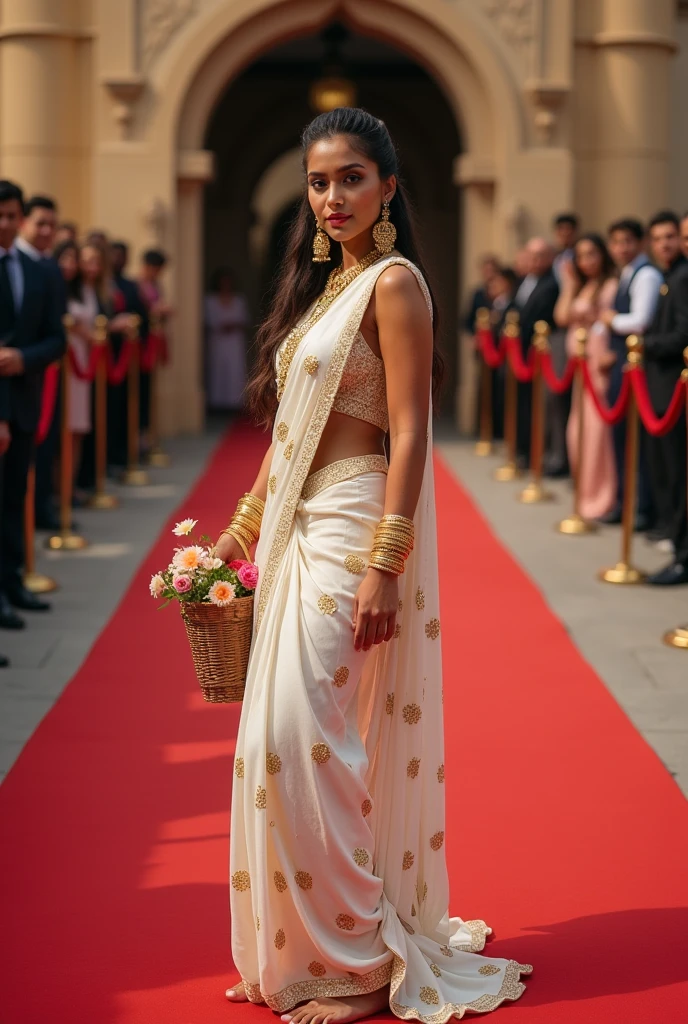 Jenna Ortega in Indian saree,at red carpet,a flower busket in a hand, square face ,big eyes,long eyelashes,hair braided, golden, ornaments, earrings,payal(feet ornaments), barefoot, wearing white chitkara printed saree, slight blushing,representing Radha herself, UHD 16K, textured skin,