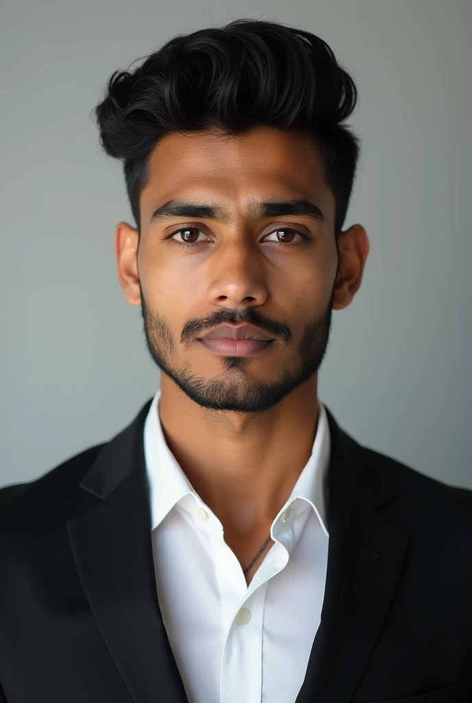 A Bangladeshi young man same black color skin , dressed in a black blazer over a white shirts , short hair style  and  back color eye for passport size picture. 