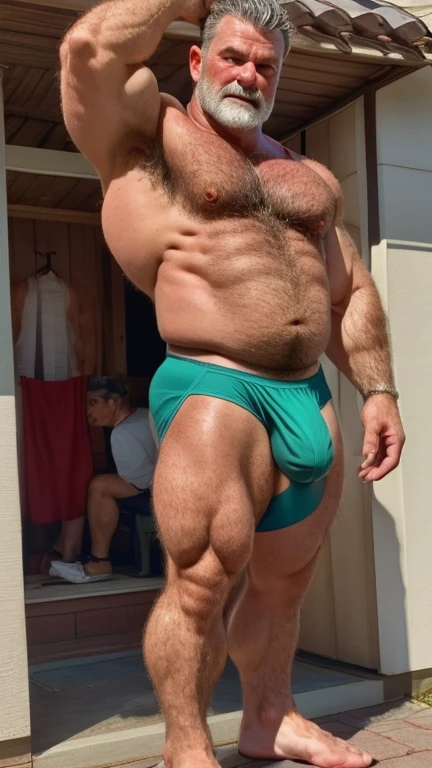 上半身は裸のOlder ageな日本人の男性ボディビルダー。
Big muscles。Big Belly。thick limbs。
A standing posture that shows the whole body。
極端に短いGray-hairedの顎髭。
極端に短いGray-hairedの髪。
Japanese male bodybuilder wears only white jockstrap。大きなbulge。
Sunburned skin。Hairy skin。Sweat-soaked skin。
男性はThe whole body is hairy。Full body covered in hair。Gray-hairedの胸毛。Gray-hairedの腹毛。Gray-hairedの下腹部の毛。Armpit hair。Arm hair。Leg hair。Thigh hair。shin hair。
A symmetrical Japanese face。Japanese small face。Japanese round face。The gentle face of the Japanese。Gentle face of Japan man。The gentle expression of a Japanese person。single eyelid。Kind eyes。Small eyes。Round Nose。Big Nose。Small Mouth。Small lips。
Statue。Low - Angle。Full body portrait。Older age。Gray-haired。The whole body is hairy。jockstrap。bulge。
Maximum number of pixels。Highest quality。ピントがきちんと合ったHighest qualityの写真画質。Photorealistic。