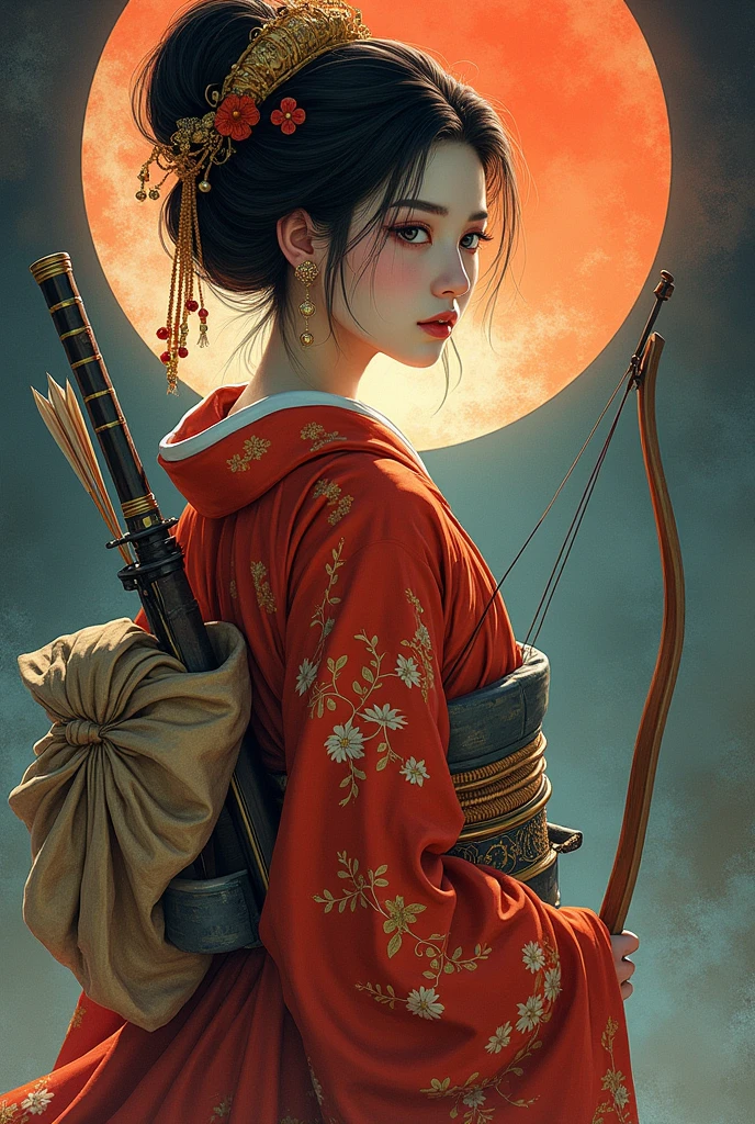 (Ultra-detailed face, looking away, Fantasy Illustration with Gothic, Ukiyo-e, Comic Art, Rich colors), BREAK (Japanese courtesan of the Heian period (794-1185), wearing a black eboshi (headgear), a pair of bracelets over the ears, a vermilion-embroidered robe with a hem of a gesho (undergarment) reaching from the waist to the ground, a hanabuto (half arm) visible under the collar, a belt with a hirago (a flat cord) around the waist, a ceremonial sword with an inlay on the belt, an arrow barrel on his back, an arrow in the barrel, a bow about his height, and a white thimble with a white thong and black leather shoes. He wears white thimble and black leather shoes.)