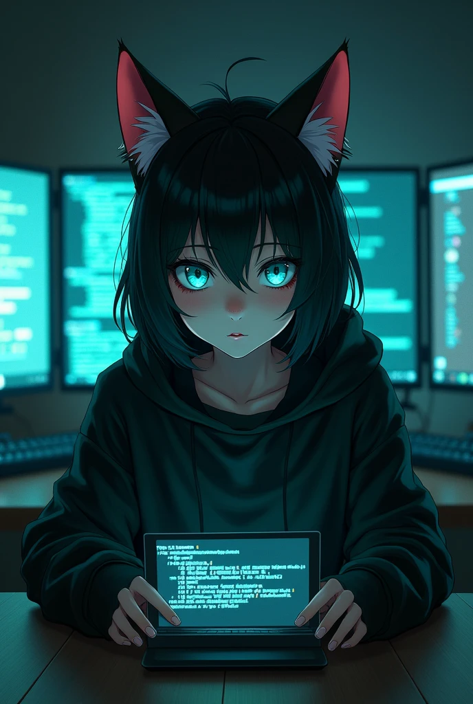 indoor,black background,Screen flashing hacker code,Third Person,Look at the lens,Cat ear girl,Blue-green heterochromatic pupils,Screen reflection,Black sweatshirt