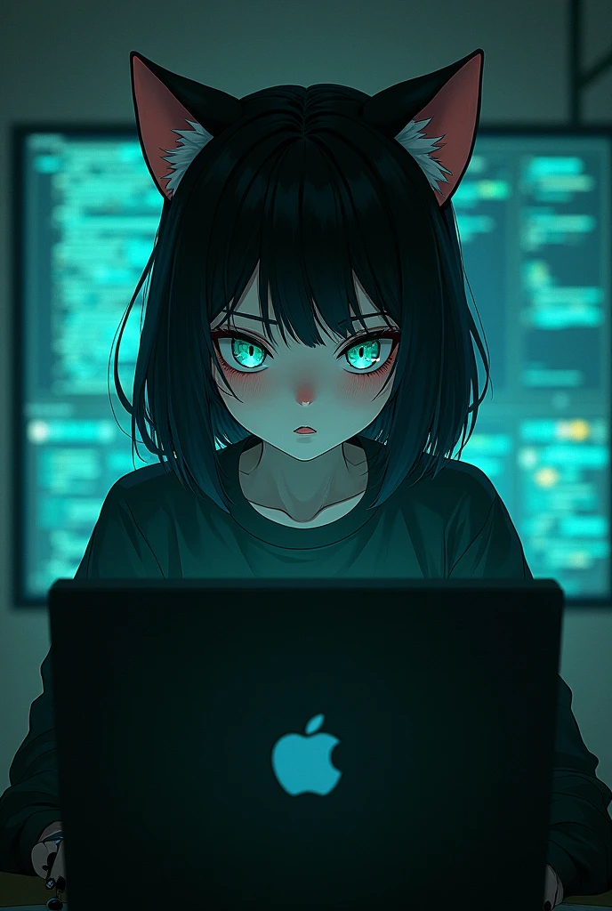 indoor，black background，Screen flashing hacker code，Third Person，Look at the lens，Cat ear girl，Blue-green heterochromatic pupils，Screen reflection，Black sweatshirt