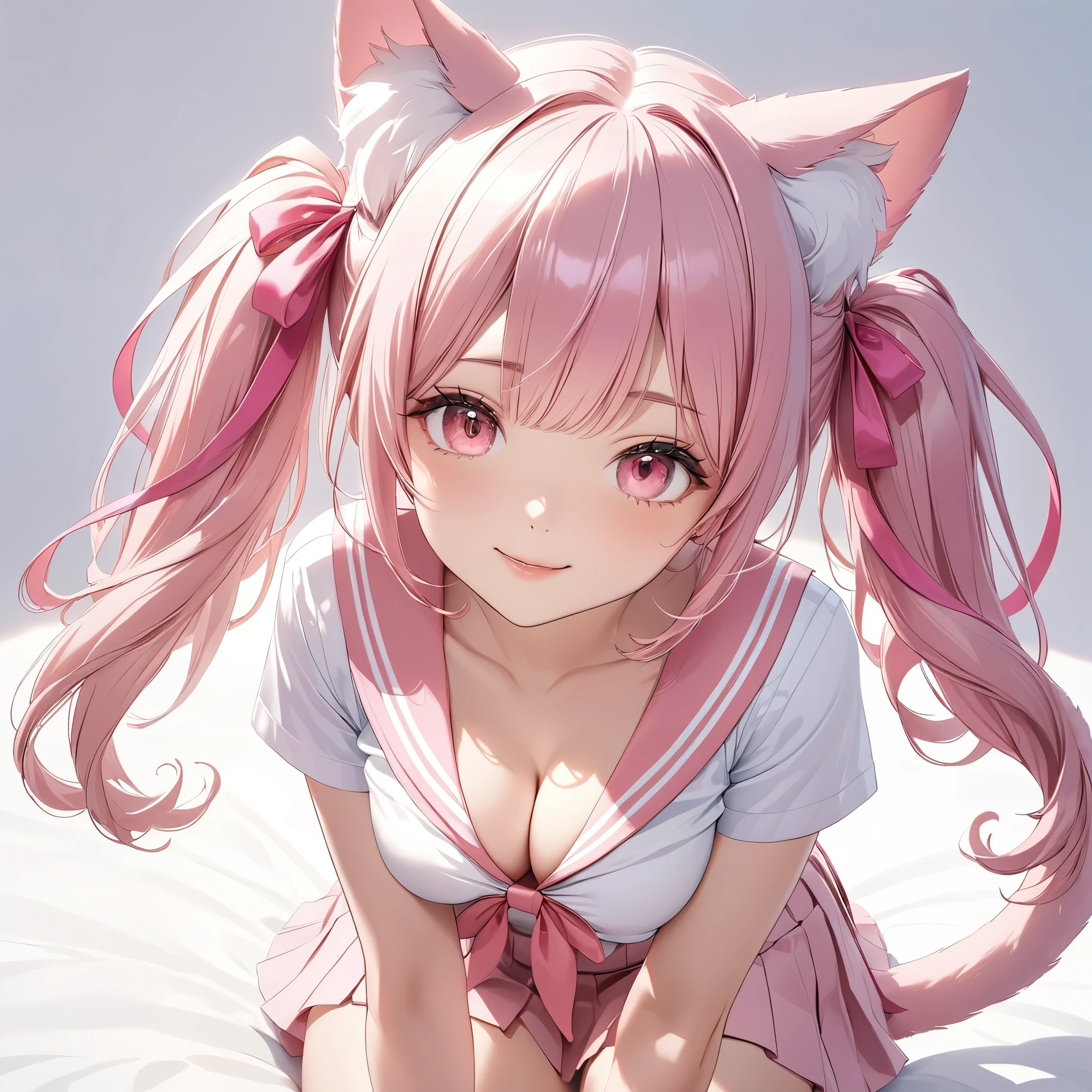 (8K, masutepiece, Best Quality, Official art, Breathtaking beauty and aesthetics, highly beautiful lighting, highly beautiful detailed), (1 Girl, Solo), (sixteen years old), (beautiful detailed face), (shiny white skin), (Beautiful big bust, cleavage, thighs, navel focus:1.3), (beautiful detailed pink twin tails hair, Bangs:1.3), (beautiful detailed drooping pink eyes:1.5), (high school uniform:1.3), (patsel pink sailor collar, white short sleeves short length outing shirt, pastel pink pleated skirt, patsel pink ribbon:1.3), (open shirt:1.5), (happy smile:1.2), (cute cat ears, cute fluffy cat tail:1.3), (Attractive, sensational, look at the camera, cute pose, lying, lie on her back, from above:1.3), (simple white plain background:1.5),