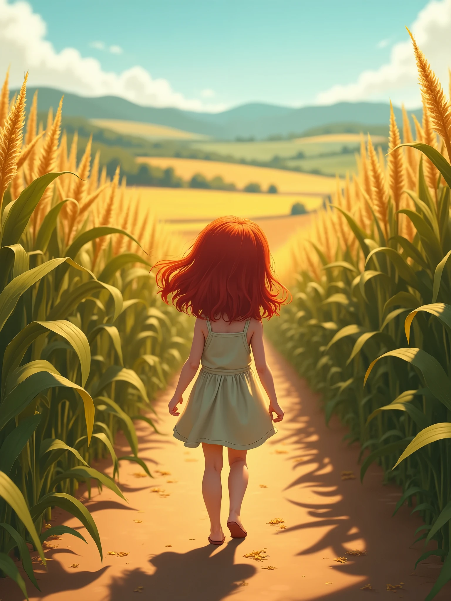 a girl with red hair walking towards a corn field realistic 4K photography