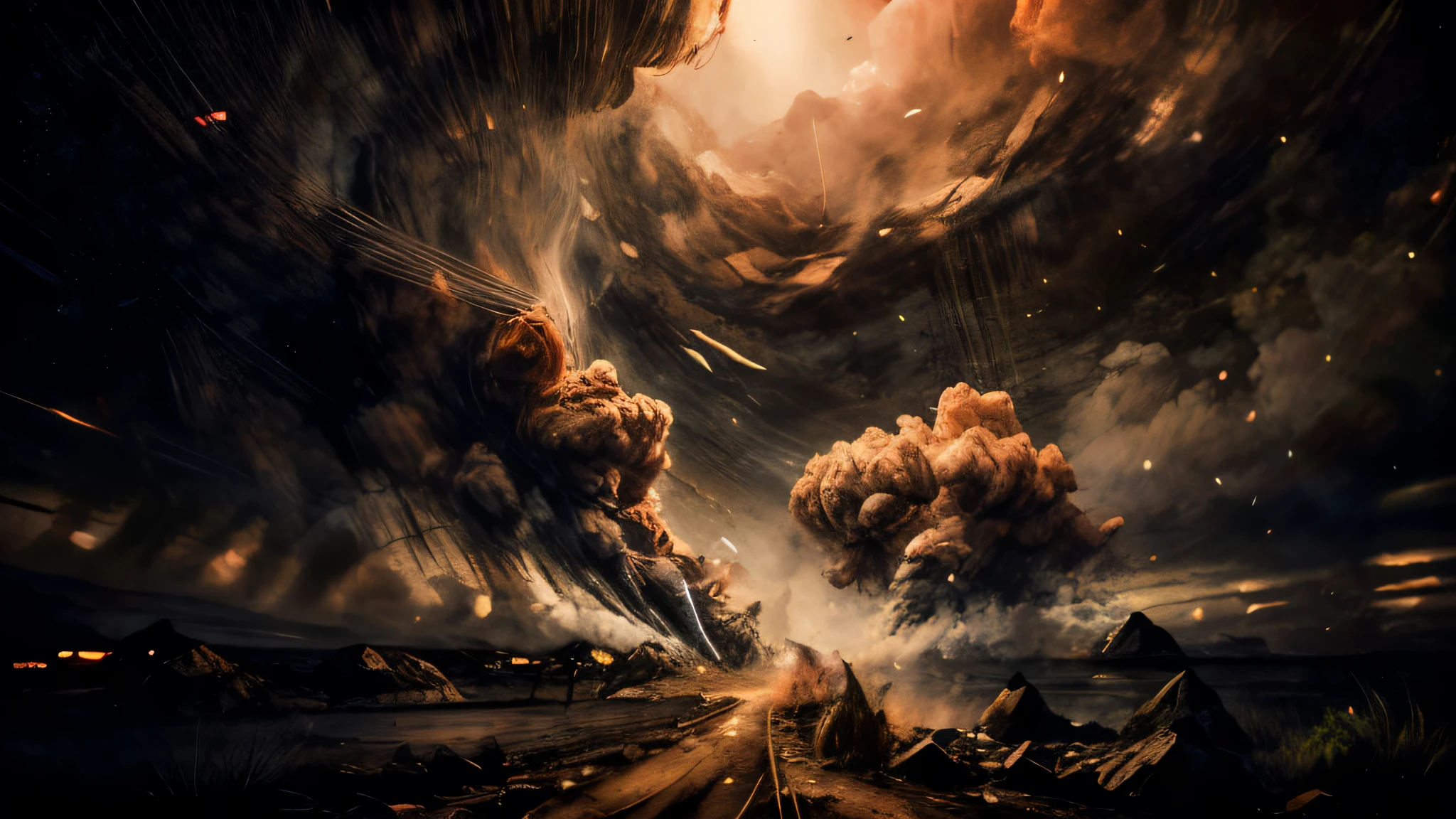 One child at night, rain pouring down, dark sky, smoke and dirt, atmospheric lighting, cinematic mood, dramatic shadows, gritty realism, award winning composition, hyper detailed, intricate details, photographic quality, professional photography, masterpiece, so sad picture