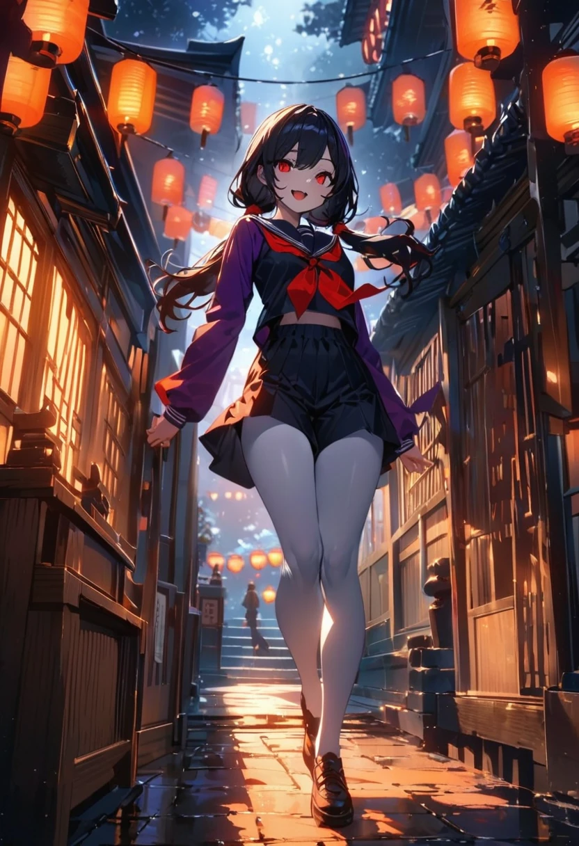 (Highest quality:1.2, Very detailed, Latest, Vibrant, Ultra-high resolution, High Contrast, Super Detail, masterpiece:1.2, Highest quality, Best aesthetics),Shrine at nightに立っている、beautiful、Amazingly white skin、dark dark blue hair、Mesh on right bangs(Thin rattan color)、low twintails(Red string)、cat eyes(Light rattan color)、A meaningful smile、Double teeth、 Sailor suit 、Shorts、White tights、Wearing a purple jacket、The sleeves are orange、 background/Shrine at night、Outdoor、Pitch black、torii、In front of the main hall2Three lanterns、wood々Surrounded by、Lantern(break)、