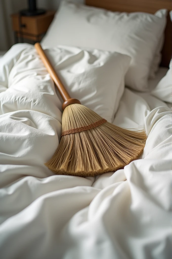 Broom lying on a bed