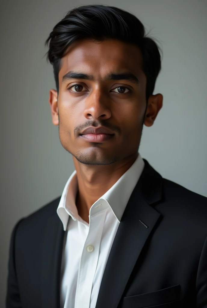 A Bangladeshi young man same black color skin , dressed in a black blazer over a white shirts , short hair style  and  back color eye for passport size picture. 