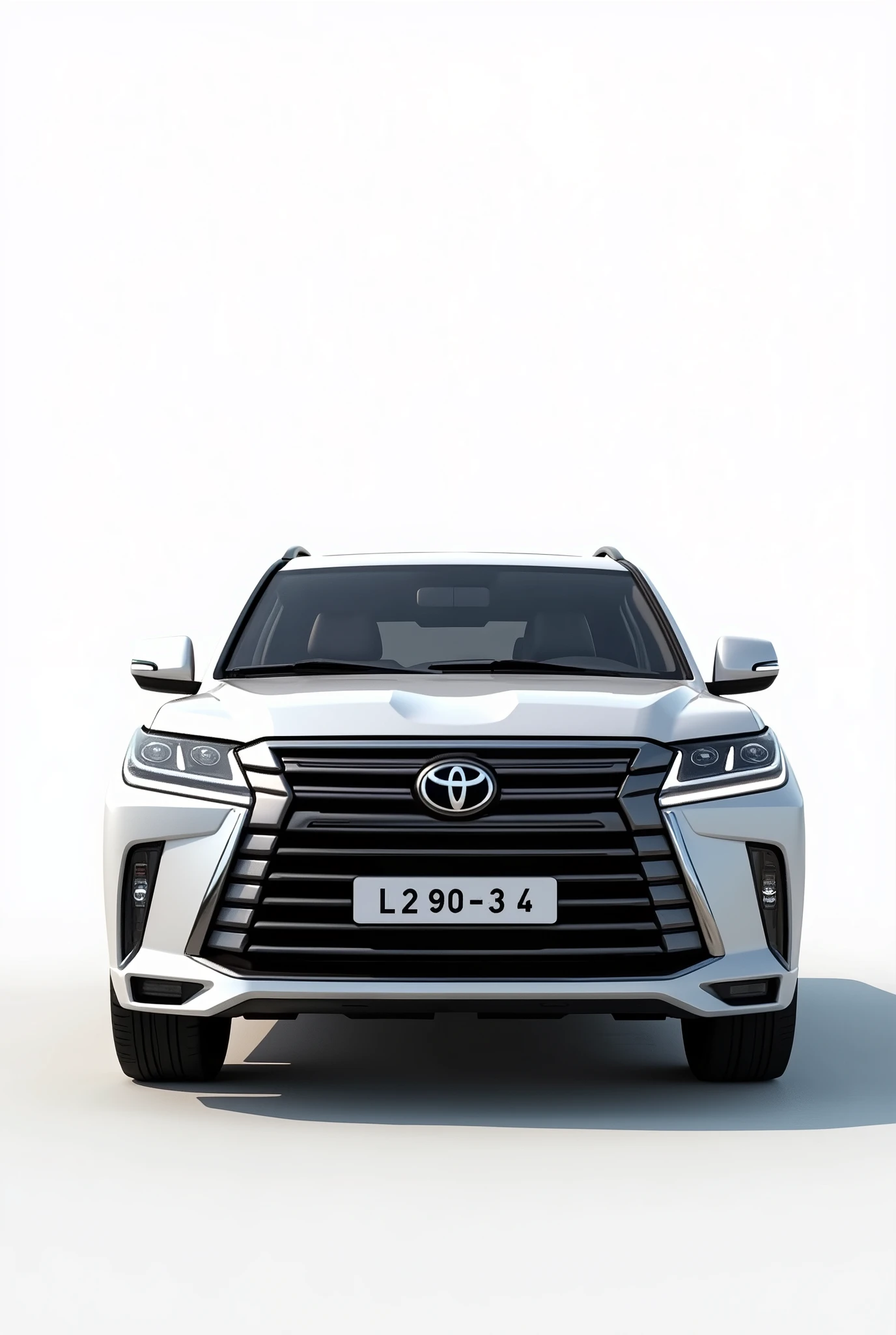Landcruiser VXR White Dubai model car ,with "L 2 9 0 3 4 "Dubai NUMBER PLATE,White background,front Side view zoomed in view,white car, outside view number plate should be visible
