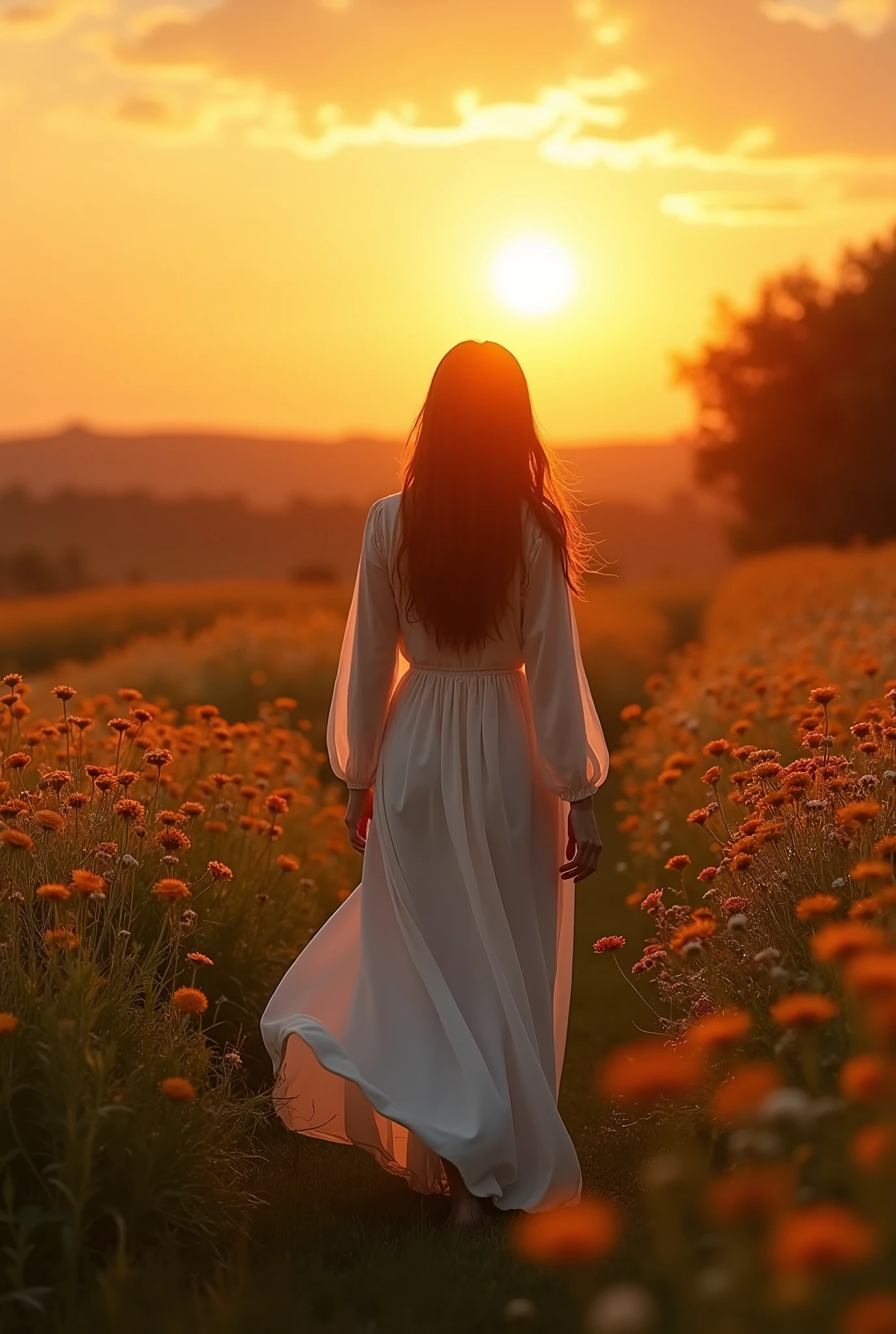 "A serene sunset scene featuring a woman walking away from the camera in a field of wildflowers. The woman is dressed in a flowing white dress that catches the golden light of the setting sun, her back gracefully highlighted by the warm hues of dusk. The scene evokes a sense of calm, peace, and the quiet beauty of nature's transition into night. ((cinematic, film light, dramatic)), very detailed, hyperrealistic, masterpiece, atmospheric, high