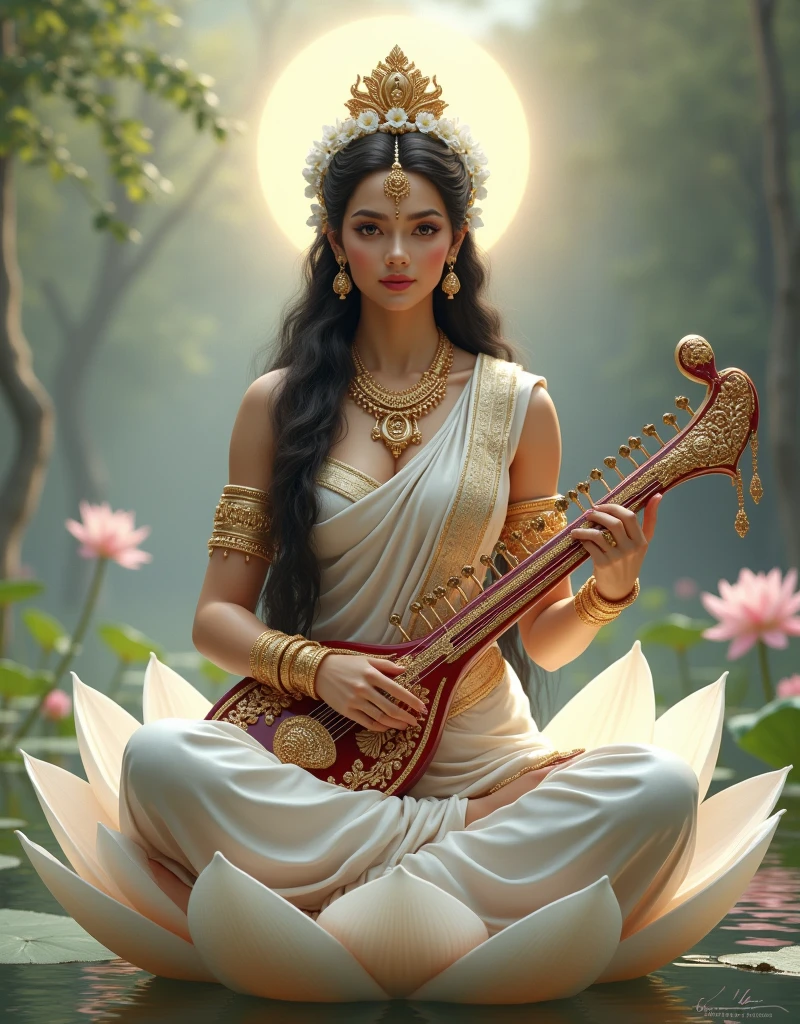 **Prompt:** "Create an ultra-realistic image of Goddess Saraswati, depicting her divine beauty and grace as she holds the musical instrument Veena. She should have a serene and radiant face, with flawless, glowing skin and delicate, perfectly sculpted features—large, expressive eyes filled with wisdom and calmness, a graceful nose, and soft, serene lips. Her long, flowing hair should be jet-black, cascading over her shoulders, adorned with a crown of white flowers or a simple, elegant tiara.
Goddess Saraswati should be dressed in a pristine white saree with intricate gold embroidery, symbolizing purity and knowledge. Her jewelry should be elegant and understated, with delicate necklaces, bangles, and earrings that add to her divine beauty. She should be seated gracefully on a lotus flower or a white swan, symbolizing purity and spiritual enlightenment.
In her hands, she should gently hold the Veena, a beautifully crafted instrument with intricate details and a polished, golden finish. Her fingers should be poised as if playing, capturing the essence of divine music and art. The background should be a serene, natural setting with soft, diffused light, perhaps featuring a tranquil river, blooming lotuses, and a peaceful, ethereal glow that enhances the overall divine atmosphere. The image should capture the essence of Goddess Saraswati’s beauty, wisdom, and her role as the embodiment of music and knowledge."