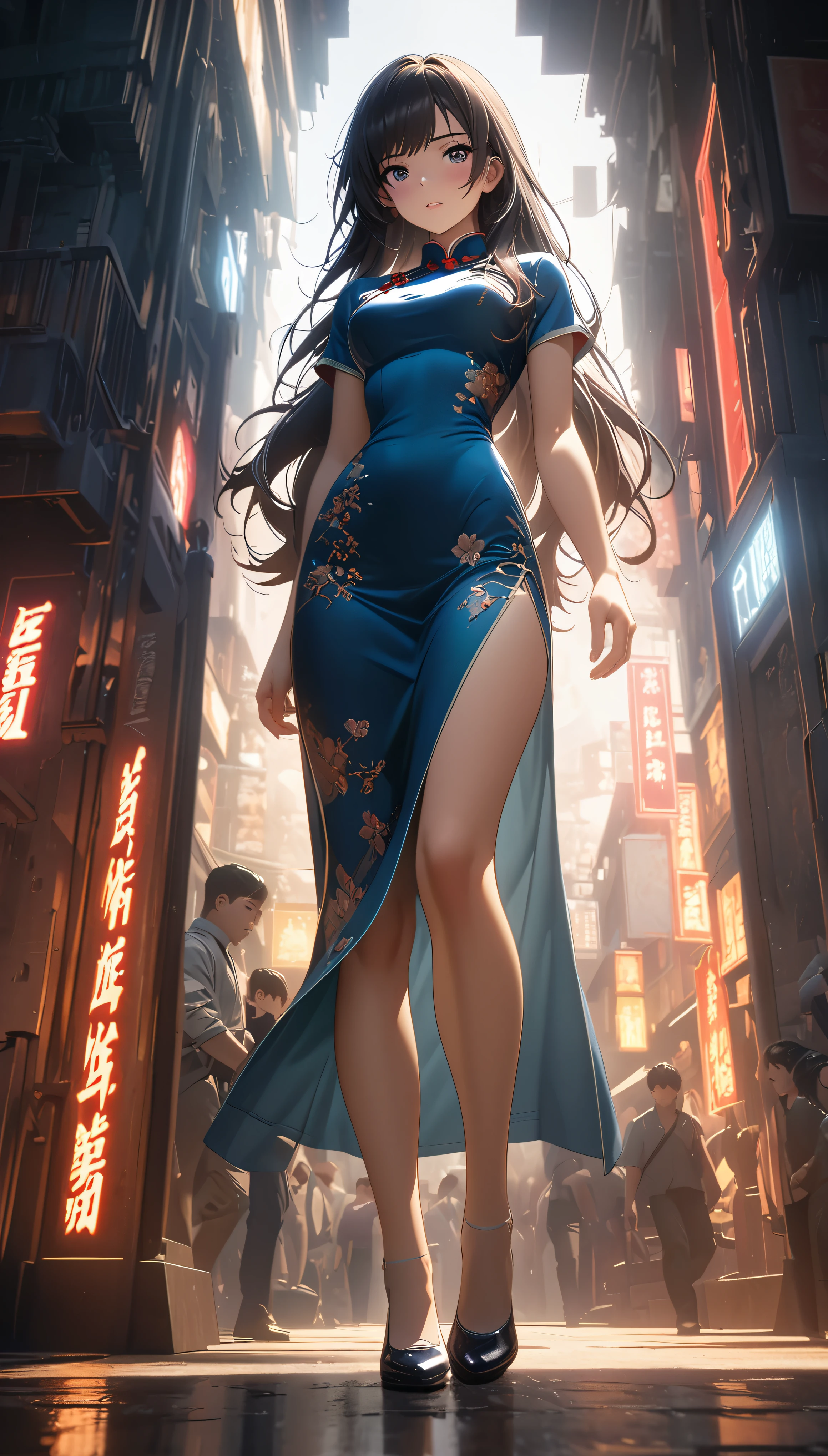 Cheongsam Girl,Long Hair,Pure white background,Depth of written boundary,Low angle view,Calf Level View,Overclocked Renderer,Cinema Lighting,Ultra-fine,Very detailed,complicated,Cinematic Perspective,CG Art,