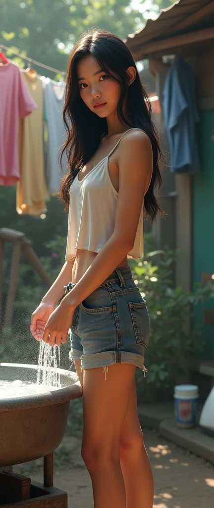 Thai woman of 20 age in shorts and sleevless no bra washing clothes