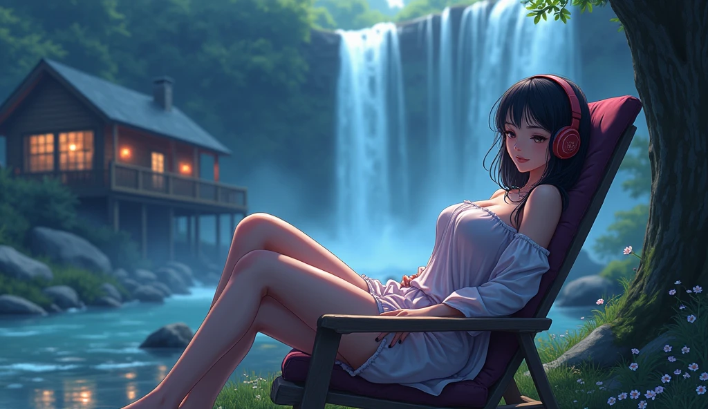 sexy girl , his big breast half open, wearing pajama at night. relaxed listening to music with headphones., sitting on the chair outside cabin very close huge waterfall. Anime 2d style, Lo-fi, Dark Ambiance, vibrant color, water not blur