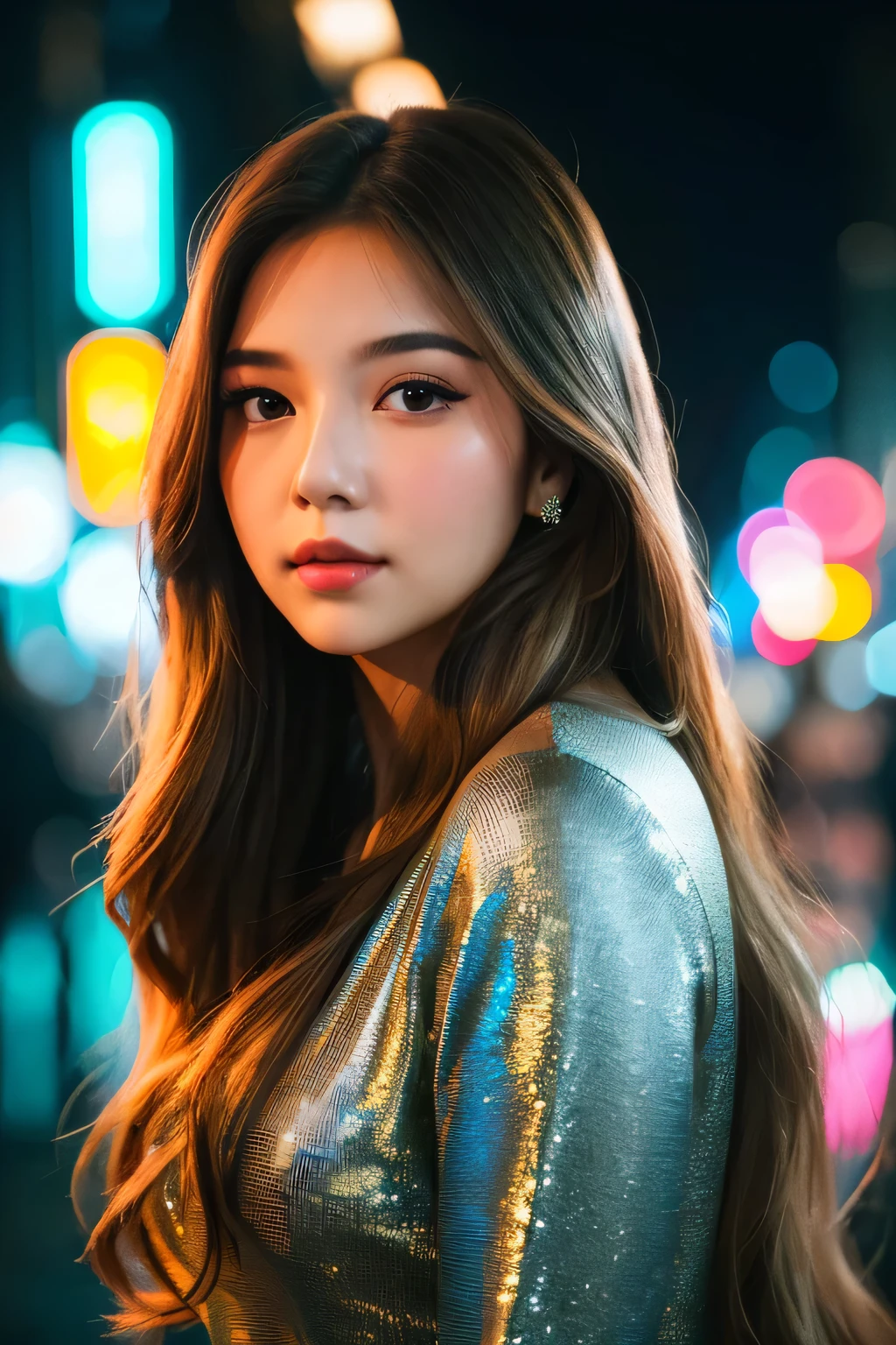 close-up portrait of a beautiful young woman with long, flowing hair, standing in a bustling city street at night, soft neon lights illuminating her face, slightly parted lips, looking into the distance, bokeh background, cinematic atmosphere, vibrant colors