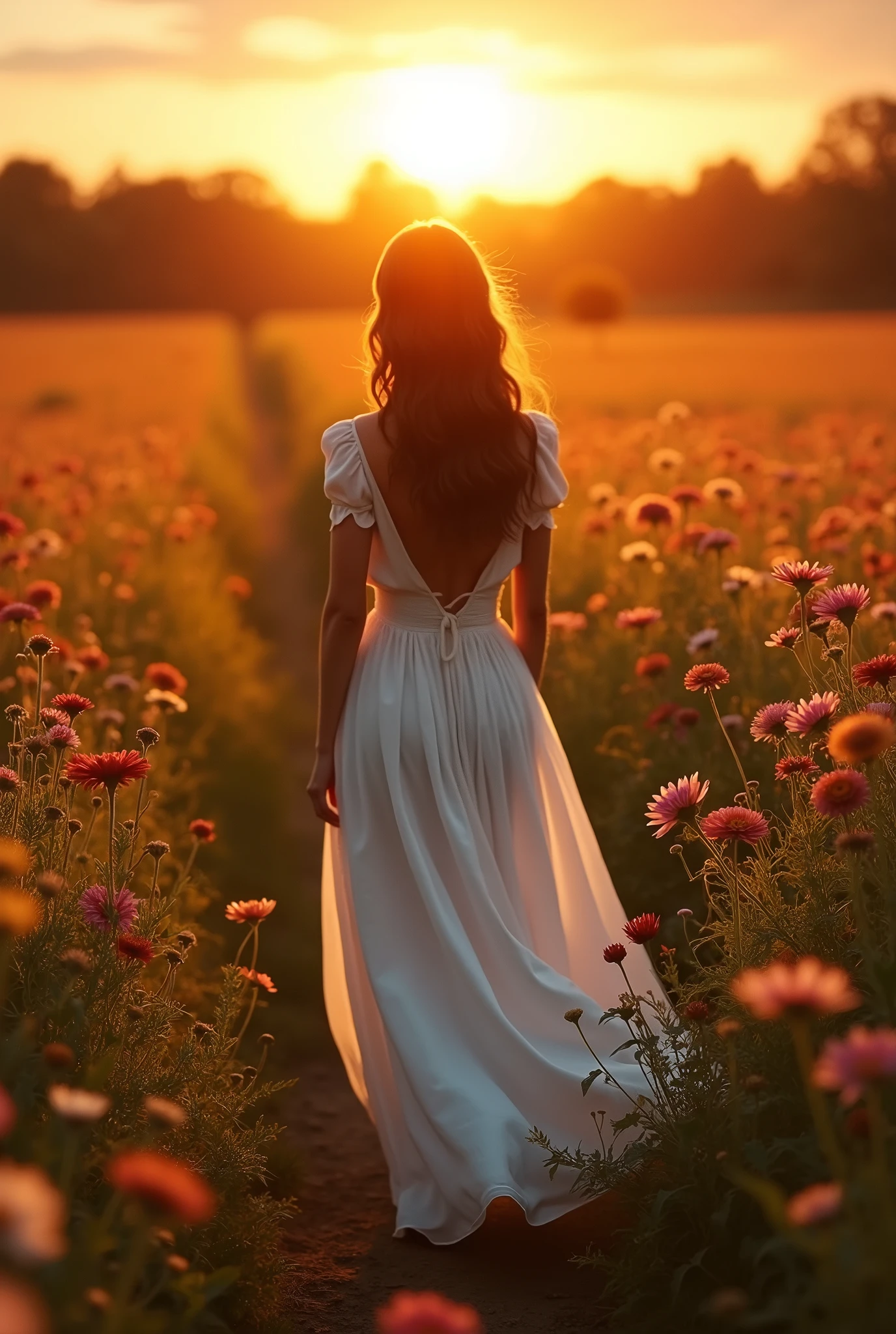 "A serene sunset scene featuring a woman walking towards the camera in a field of wildflowers. The woman is wearing a flowing white dress that catches the golden light of the setting sun, a close up of her back gracefully highlighted by the warm hues of dusk. The scene evokes a sense of serenity, peace, and the serene beauty of nature as it transitions into night. ((cinematic, film light, dramatic)), highly detailed, hyperrealistic, masterpiece, atmospheric, high