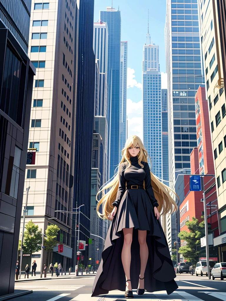 Giant Woman、18 meters tall、In a city building、Her hair is medium-long and blonde.