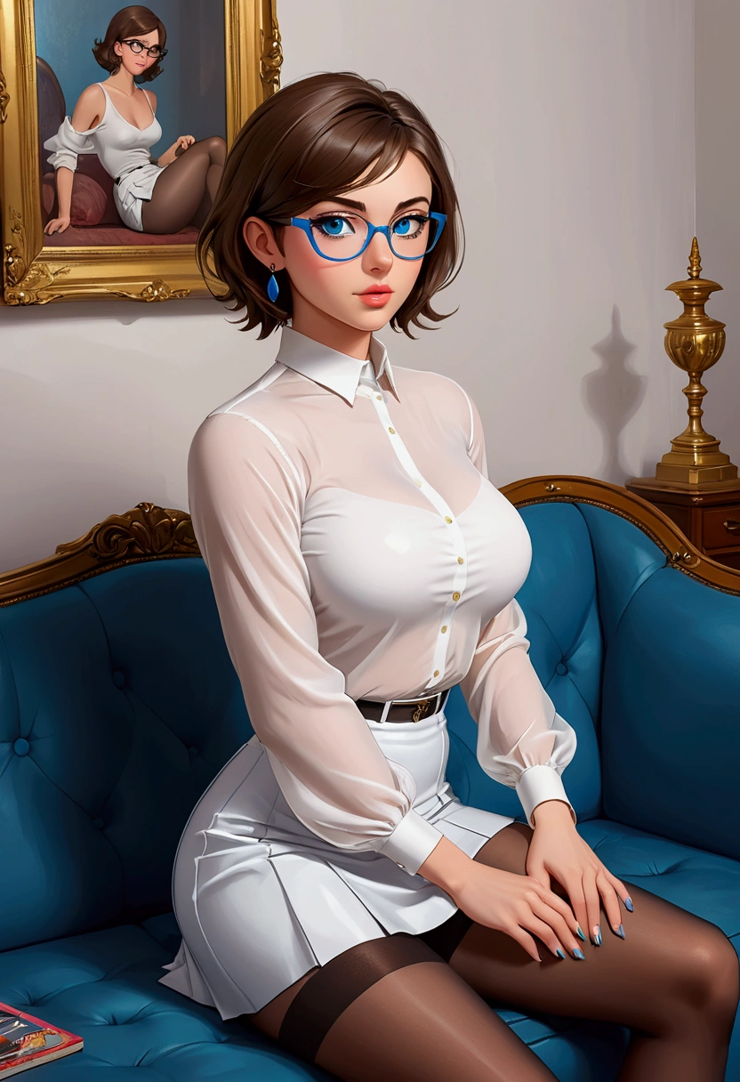 20 years old woman, Short brown hair, Méditerranéenne aux blue eye, Generous and heavy breasts, slender waist, estomac defini, fesses rebondies et pulpeuses, naturally curved, muscular thighs, aguicheuse, sitting on a sofa , mini skirt and white transparent blouse, collants , lunettes , earrings, blue eye, talons
