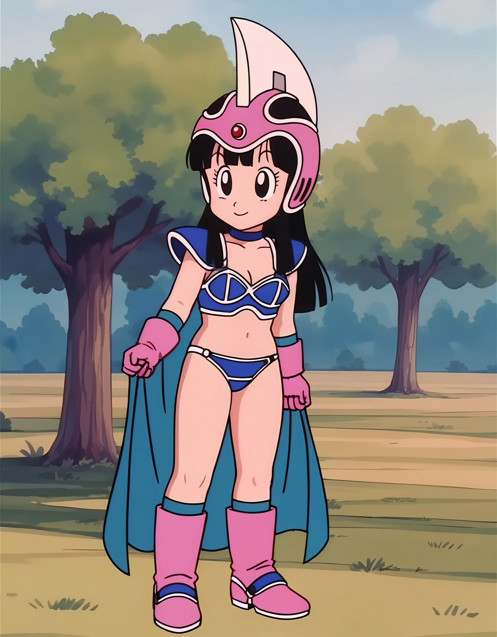source_anime, score_9, score_8_up, score_7_up, anime screencap,8k, absurdres,
chi-chi, blue outfit, female child, 1girl, solo, smile, black hair, standing, boots, outdoors, armor, black eyes, helmet, shoulder armor, pauldrons, pink footwear, pink headwear, pink gloves, 1980s \(style\), grass, blue choker, eyelashes, green armwear, body