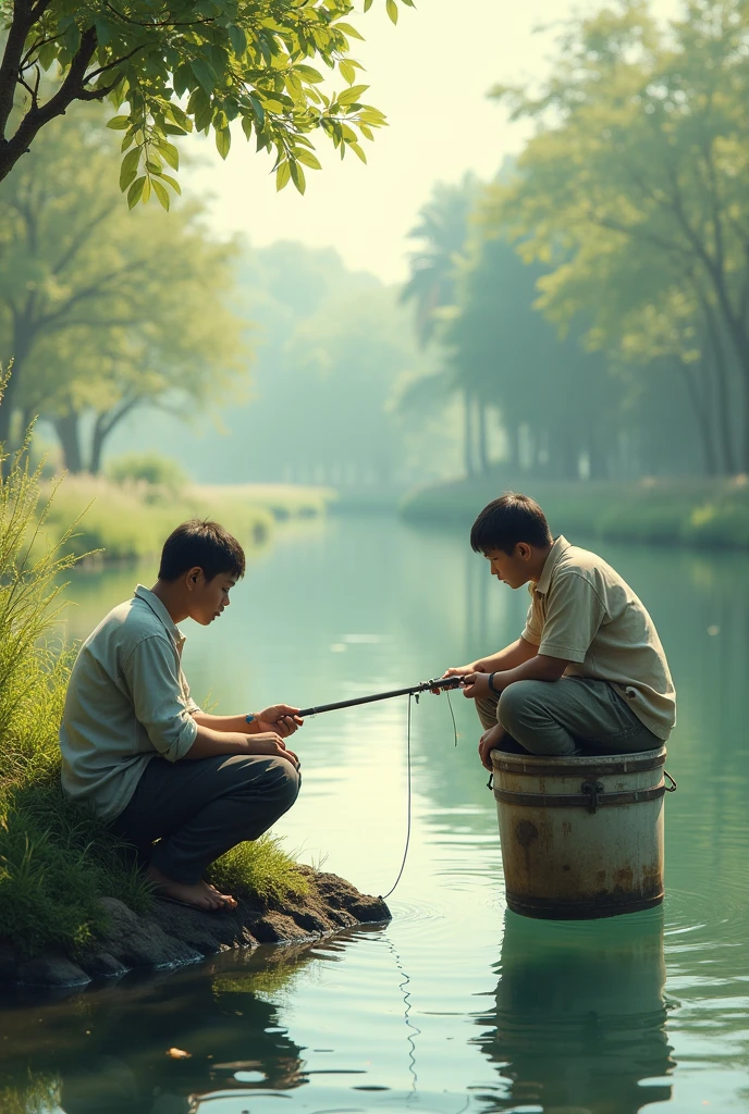 A man fiahing from pond and another guy fishing from his bucket

