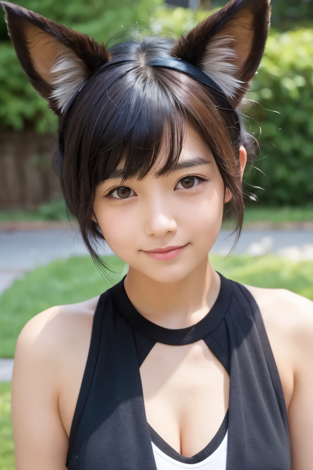 A cute with black mashed hair and brown dog ears.