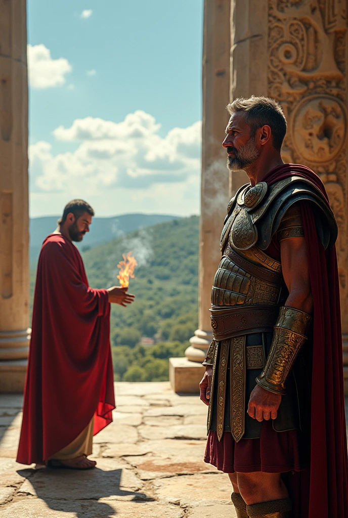 A roman soldier became a veteran , the priest is making the sacrifice to mars , iper realism