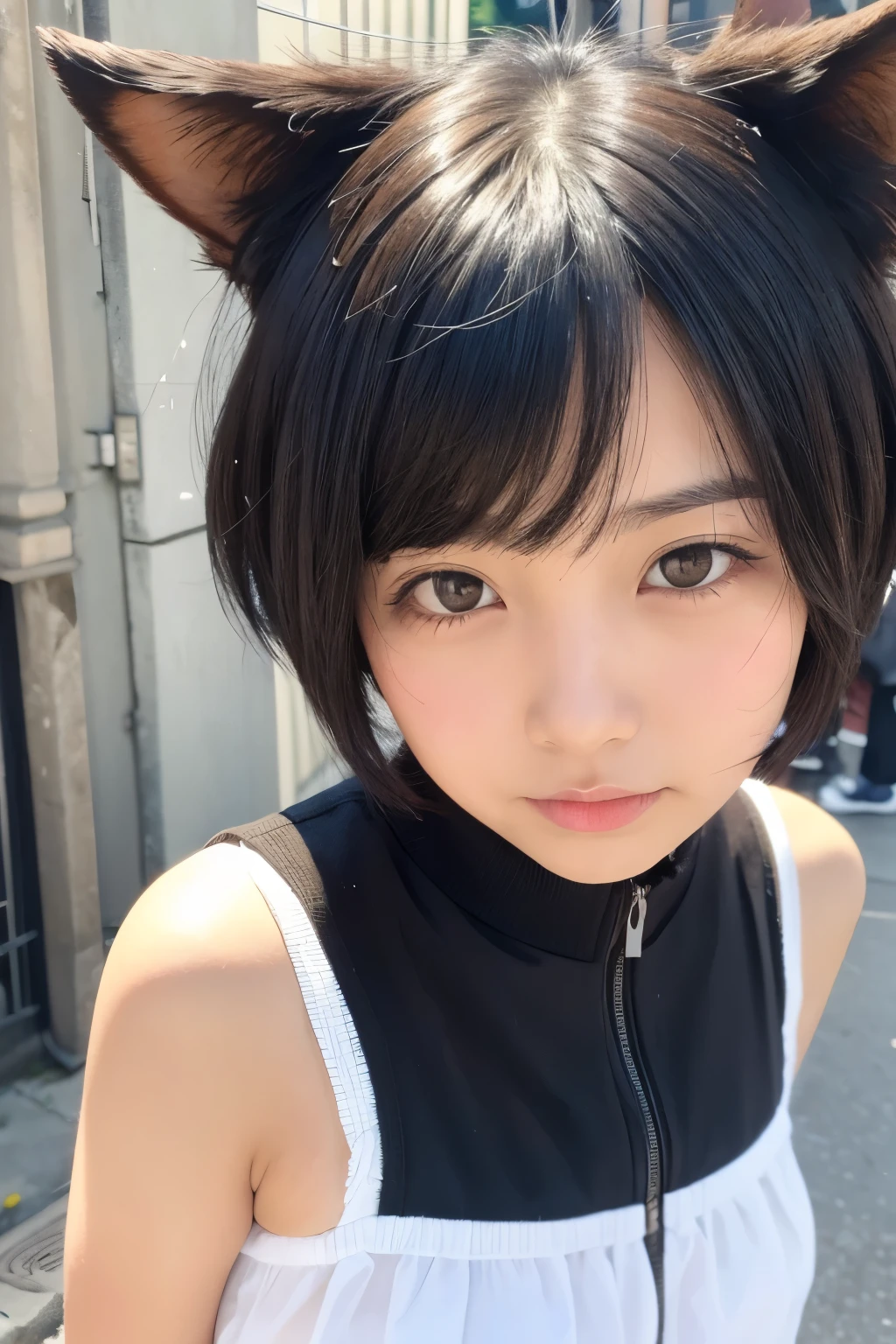 A cute with black mashed hair and brown dog ears.