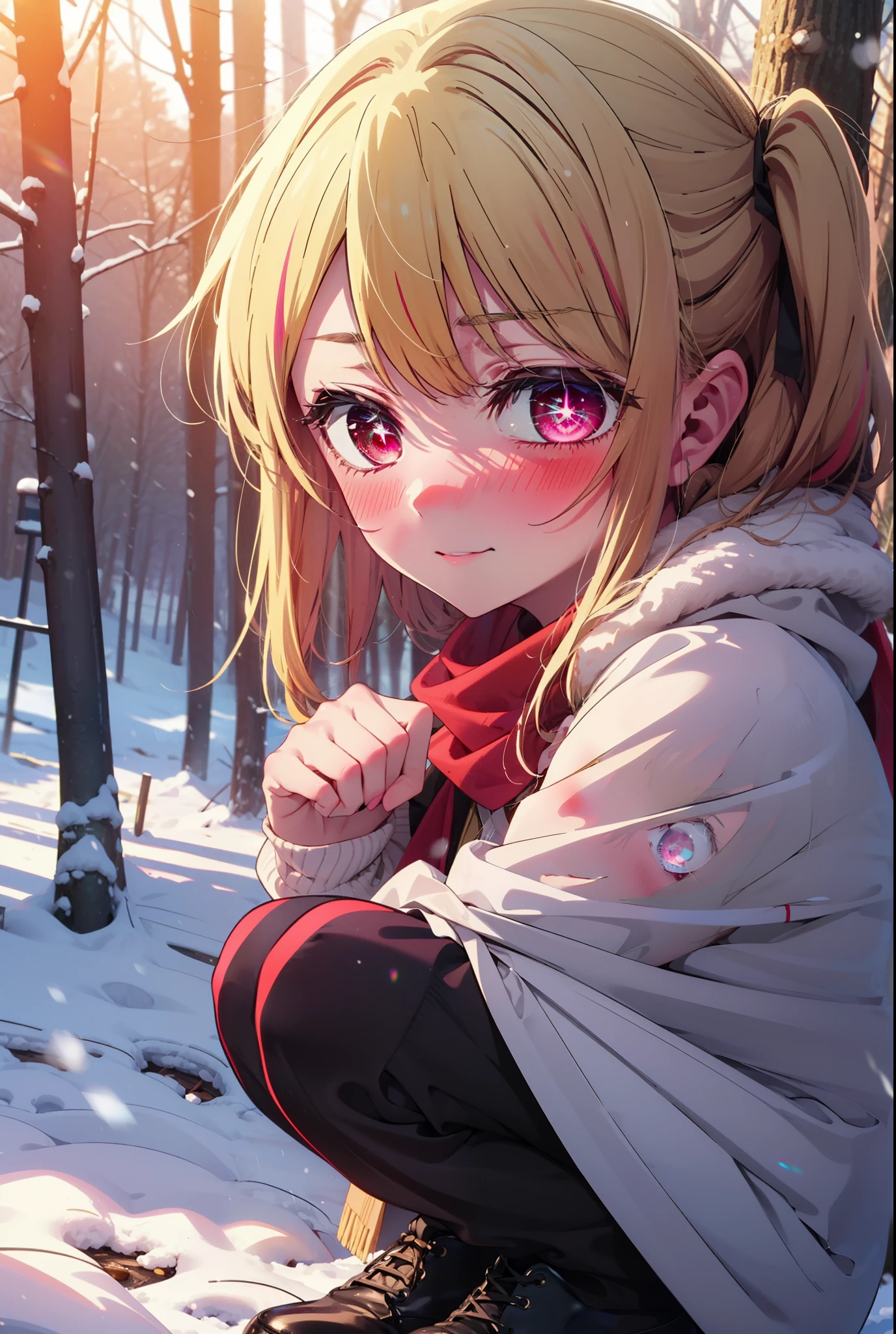 rubyhoshino, Hoshino Ruby, Long Hair, bangs, blonde, (Pink Eyes:1.3), Side Lock, (Symbol-shaped pupil:1.5), Multicolored Hair, Two-tone hair, smile,,smile,blush,white breath,
Open your mouth,snow,Ground bonfire, Outdoor, boots, snowing, From the side, wood, suitcase, Cape, Blurred, , forest, White handbag, nature,  Squat, Mouth closed, Cape, winter, Written boundary depth, Black shoes, red Cape break looking at viewer, Upper Body, whole body, break Outdoor, forest, nature, break (masterpiece:1.2), Highest quality, High resolution, unity 8k wallpaper, (shape:0.8), (Beautiful and beautiful eyes:1.6), Highly detailed face, Perfect lighting, Extremely detailed CG, (Perfect hands, Perfect Anatomy),