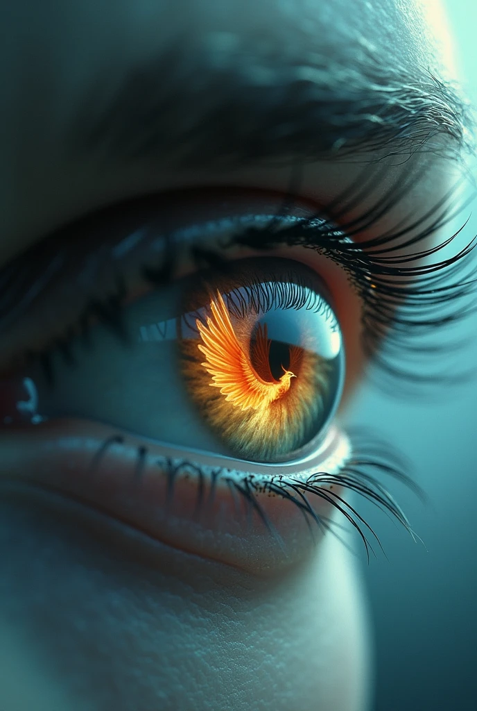 a picture of an eye looking on a phoenix the phoenix is being reflected in the eye