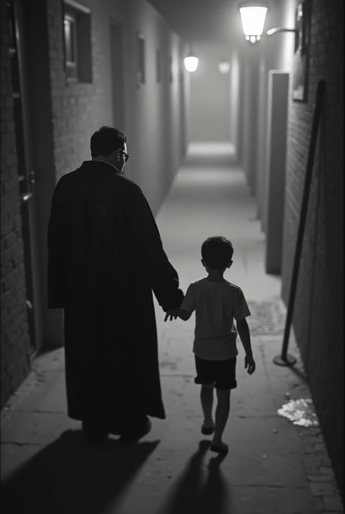 Create an image that shows a blurry photo taken by a security camera (from above) in the 90s (in black and white and blurred by the quality of those years) in an alley to a Colombian man (similar to Luis Alfredo Garavito) 4 (sound, scrawny and tall) Dirty appearance, disguised as a priest (with short black hair ) holding a child&#39;s hand. Both must be with their backs turned without their faces being seen. 