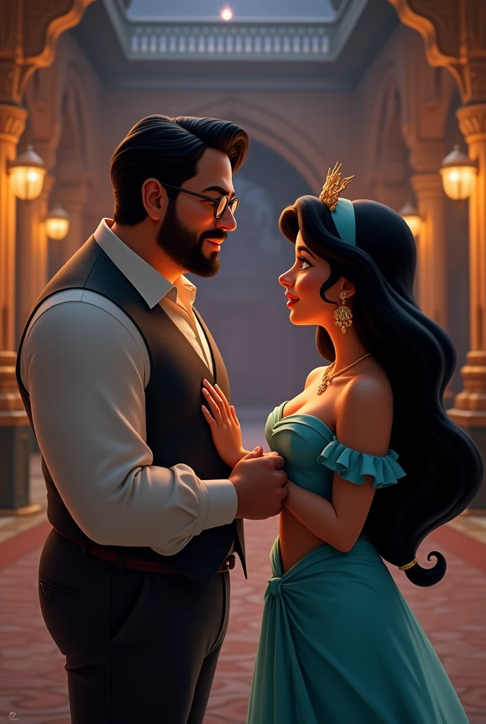 a young guy with trim beard formals dusky skin and glasses bit fat proposing princess jasmine 