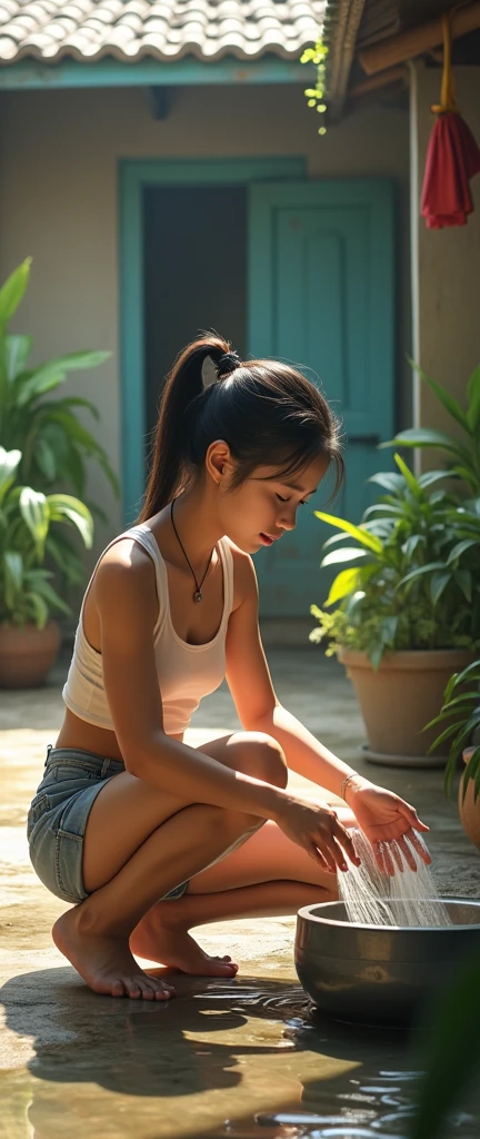 Thai woman of 20 age in shorts and sleeveless washing clothes
