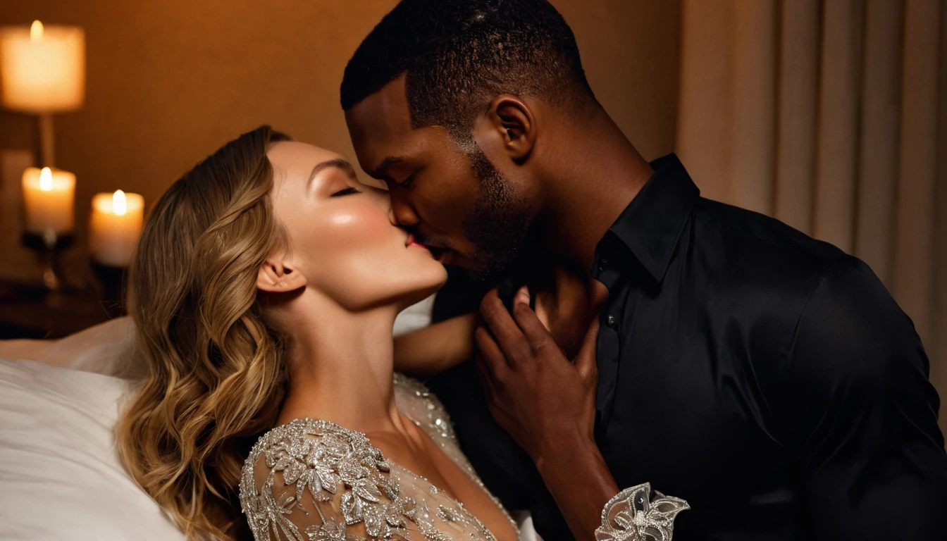 Caucasian fashion model Karlie Kloss and a handsome African American male whose facial features are a combo of Broderick Hunter + Robert Christopher Riley share a steamy kiss inside a bedroom lit only by candlelight. Karlie has lovely makeup on her face. Nighttime. Romantic ambiance. Symmetrical eyes. Symmetrical faces. Lovely details. Photorealistic. Full-colored photo. Professional photo. Highly detailed 8K.