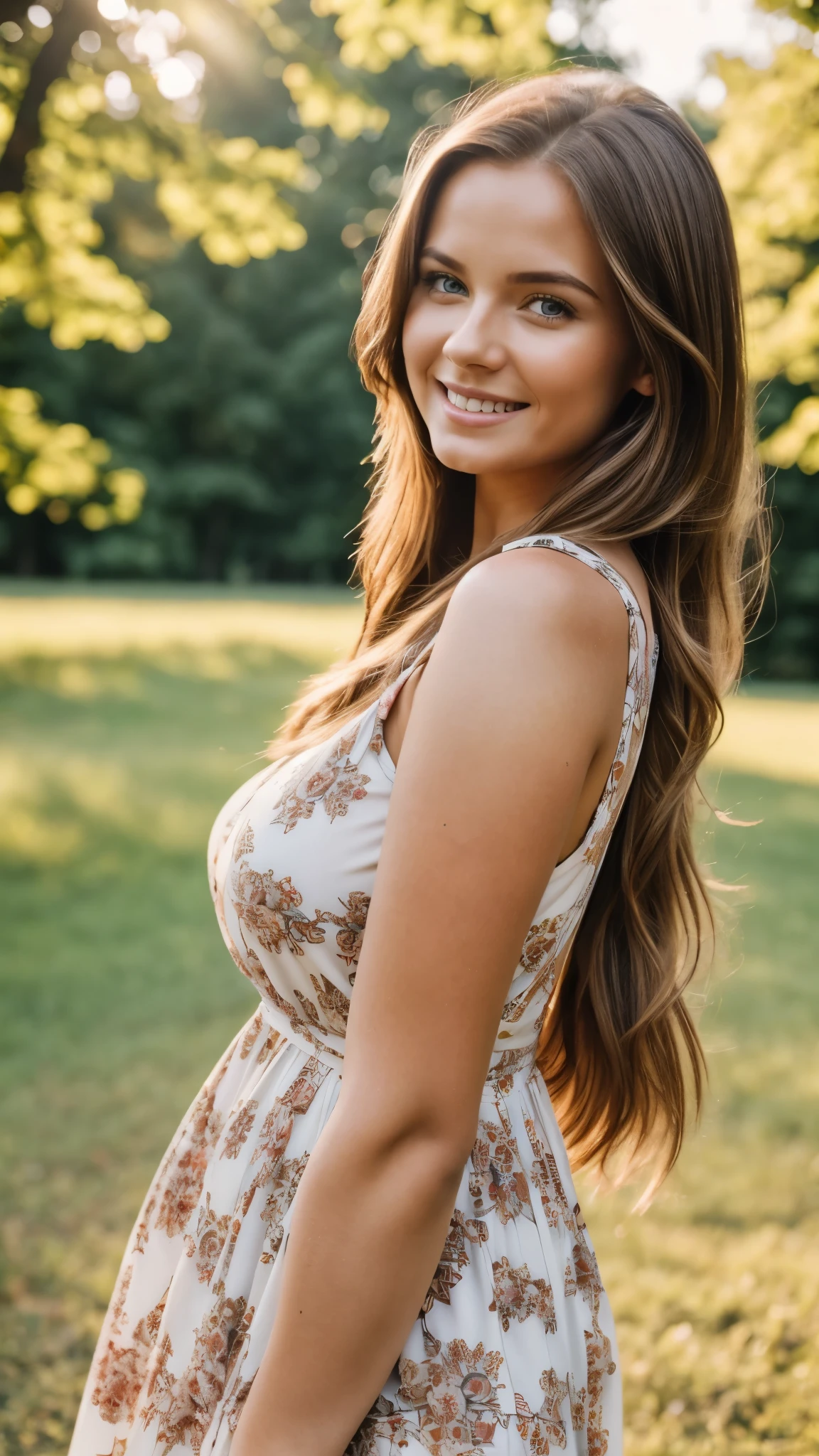 realistic body shot photo of curvy scandinavian brown hair smiling long hair woman dancing in front of camera wearing a summer dress, park, glamour photoshoot, perfect anatomy, Perfect eyes. Perfect hands with 5 fingers on each hand. fit girl, looking into the camera, strong hip:1.2, wide hip:1.3, 16 yo woman. (Eye makeup:1.1), (highly detailed skin:1.1), RAW, analog style, sharp focus, 8k UHD, DSLR, high quality, Fujifilm XT3, grain, award winning, masterpiece.