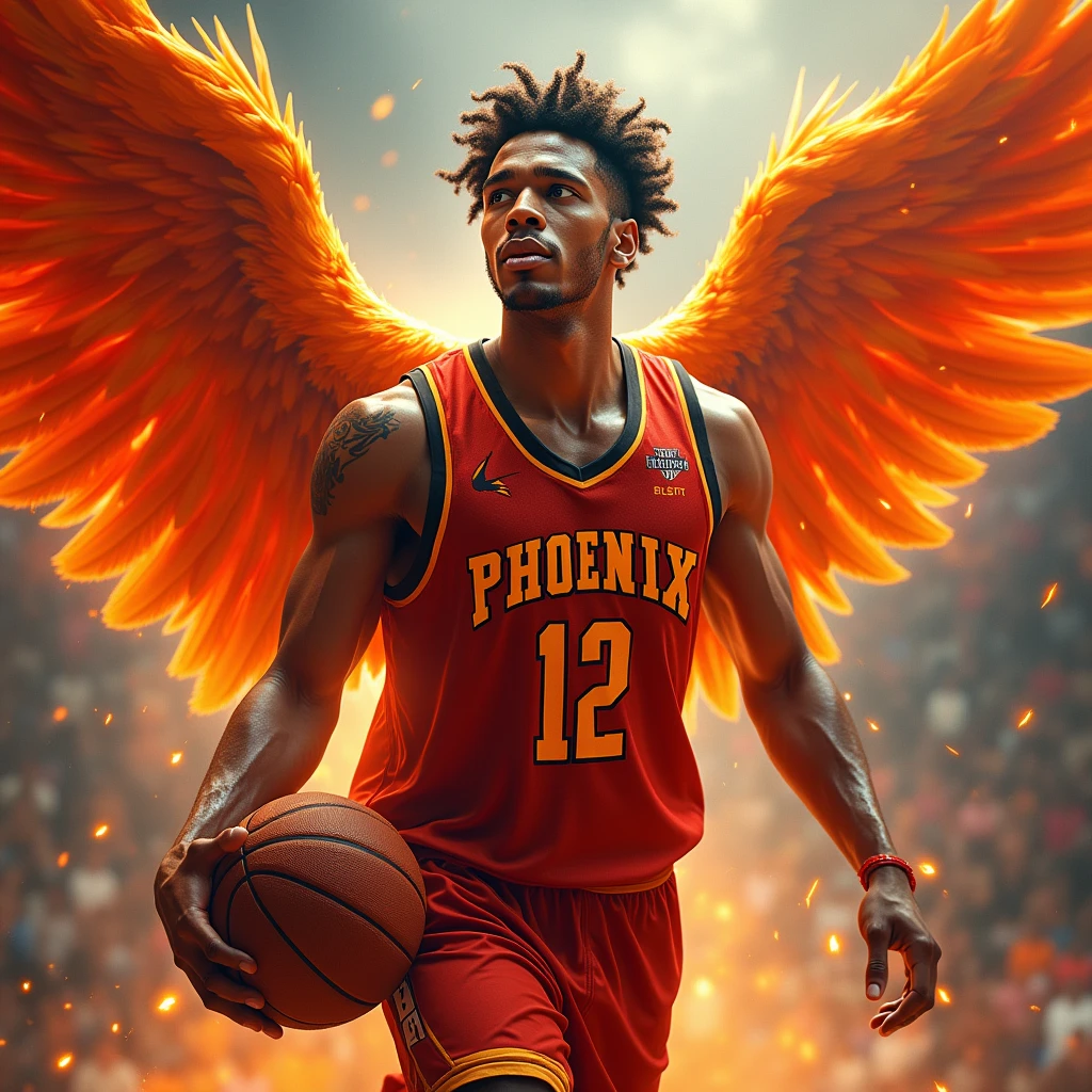 A detailed, fantasy sports team player portrait of a phoenix basketball player, "Phoenix" logo on uniform, highly detailed face with beautiful eyes and lips, muscular athletic body, phoenix wings, holding a basketball, dynamic action pose, dramatic lighting, digital art, vibrant colors, intricate details, 8k, photorealistic, cinematic