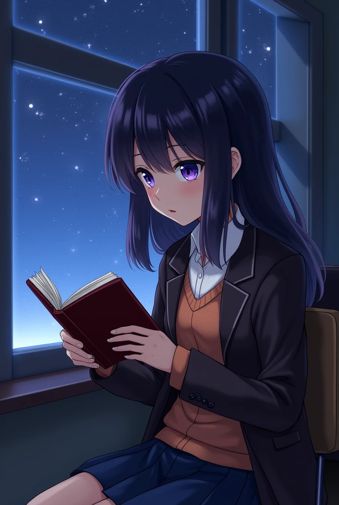 Yuri from Doki Doki Literature Club, Violet eyes, dark purple long hair, dark blue skirt, white buttoned shirt under a orange brown sweater under a dark brown formal jacket, reading a dark red book, on class, window with a bunch of stars outside.