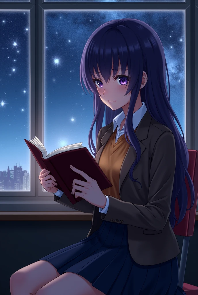 Yuri from Doki Doki Literature Club, Violet eyes, dark purple long hair, dark blue skirt, white buttoned shirt under a orange brown sweater under a dark brown formal jacket, reading a dark red book, on class, window with a bunch of stars outside.