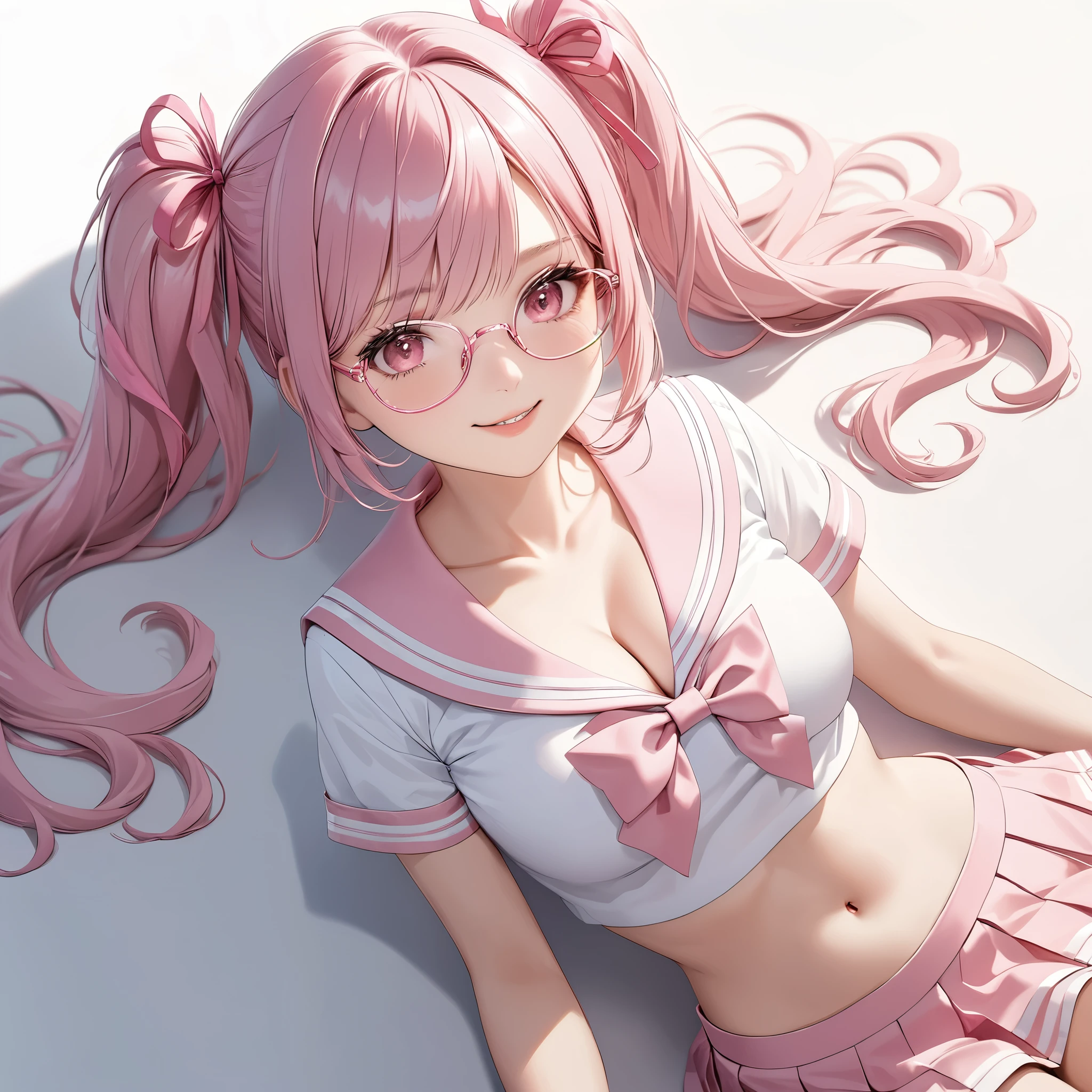 (8K, masutepiece, Best Quality, Official art, Breathtaking beauty and aesthetics, highly beautiful lighting, highly beautiful detailed), (1 Girl, Solo), (sixteen years old), (beautiful detailed face), (shiny white skin), (Beautiful big bust, cleavage, thighs, navel focus:1.3), (beautiful detailed pink twin tails hair, Bangs:1.3), (beautiful detailed drooping pink eyes:1.5), (pink glasses:1.3), (high school uniform:1.3), (patsel pink sailor collar, white short sleeves short length outing shirt, pastel pink pleated skirt, patsel pink ribbon:1.3), (happy smile:1.2), (Attractive, sensational, look at the camera, cute pose, lying, lie on her back, from above:1.3), (simple white plain background:1.5),