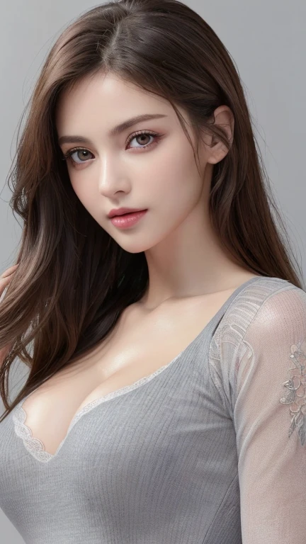 8K Ultra HD、RAWphotograph、モデルphotograph撮影、Russian Race, European laces, (masterpiece, Highest quality, photoGenuineistic, High resolution, photograph: 1.3), close, I focus, Hot Model, slim, 30 years old、Small face、Shortcuts、Dark brown hair、Beautiful eyes in every detail、Genuineな肌, (Perfect body), Sexy hot face, erotic, Sexual perspective, slim, Sweat top, Beautiful eyes in every detail、Glossy Lips、Large Breasts、Cleavage、((Bright light、Dynamic Lighting、Genuine、超Genuine、 Genuineism、Genuineistic details、Cool Beauty、Cool pose、Background gray、Plain gray background,Bring your face closer