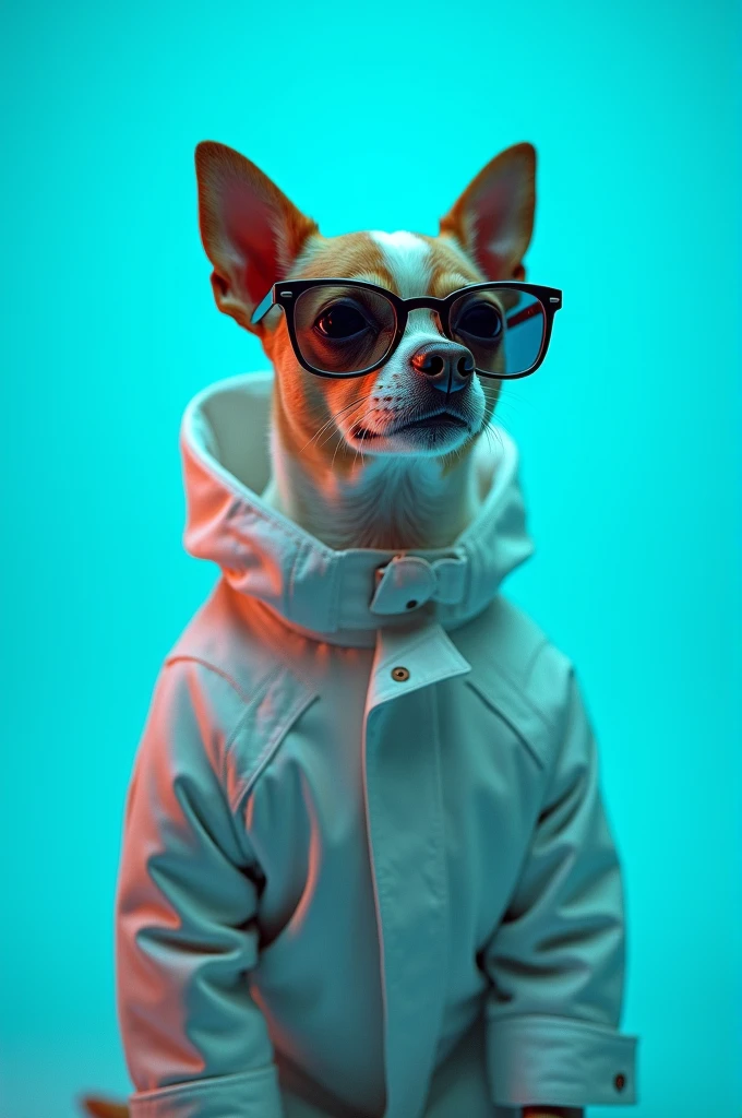 The best cell phone wallpaper, Award-Winning Wallpaper, portrait photography, In the front view is a portrait of a cute dog wearing mid-1960s space age fashion, Side view photo, Shot with Canon EOS R5, Set a strong contrast that accentuates the subject, Fluorescent blue tone, Wearing a very modern coat and sunglasses is a modern 1960s style, Clothes all in one color, beautiful background