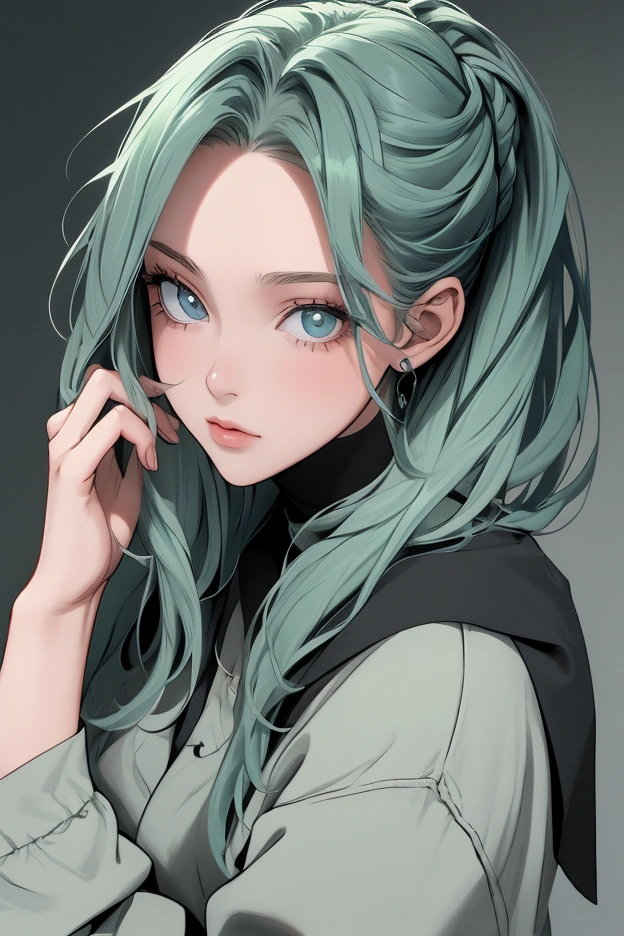 Une fille aux longs cheveux noirs, séparés au milieu, avec des cheveux vert émeraude devant, sans frange, et vêtue de vêtements réalistes style bad girl.