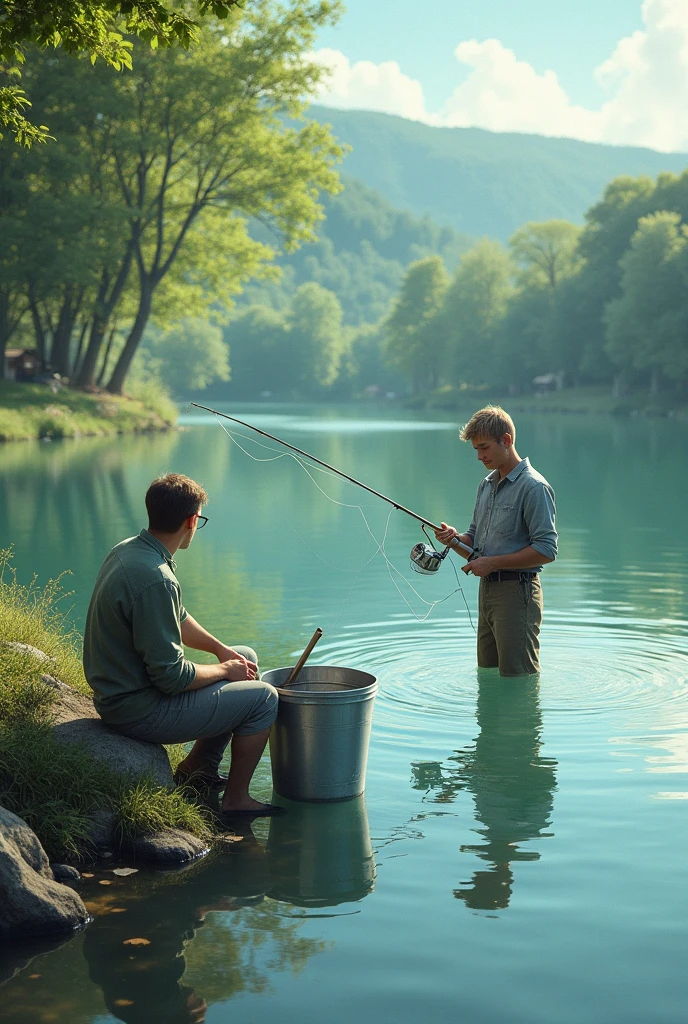 A man fiahing from pond and another guy fishing from the man's bucket