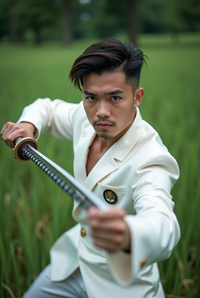 Handsome Indonesian young man stares intently at the camera in close up, wearing a white satin suite with a logo that says "TRENDY KONTER", holding a long sword with silat movements, performing on the field of thick and clear dark green grass.